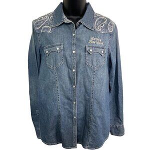 Harley-Davidson Paisley Denim Embroidered Pearl Snap Western Top Size M